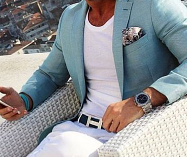 Mens summer style: Aqua blue linen blazer jacket, white t-shirt, white trouser