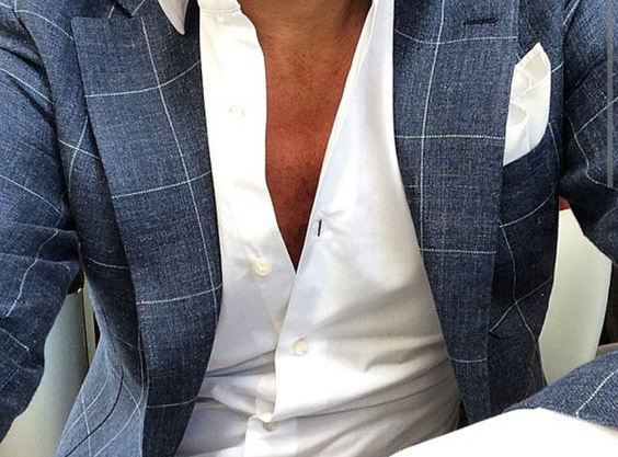 Summer style: Checkered blue blazer jacket, white shirt