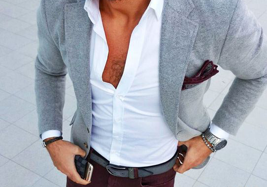 Mens summer style: Grey blazer jacket, white shirt, dark maroon trouser