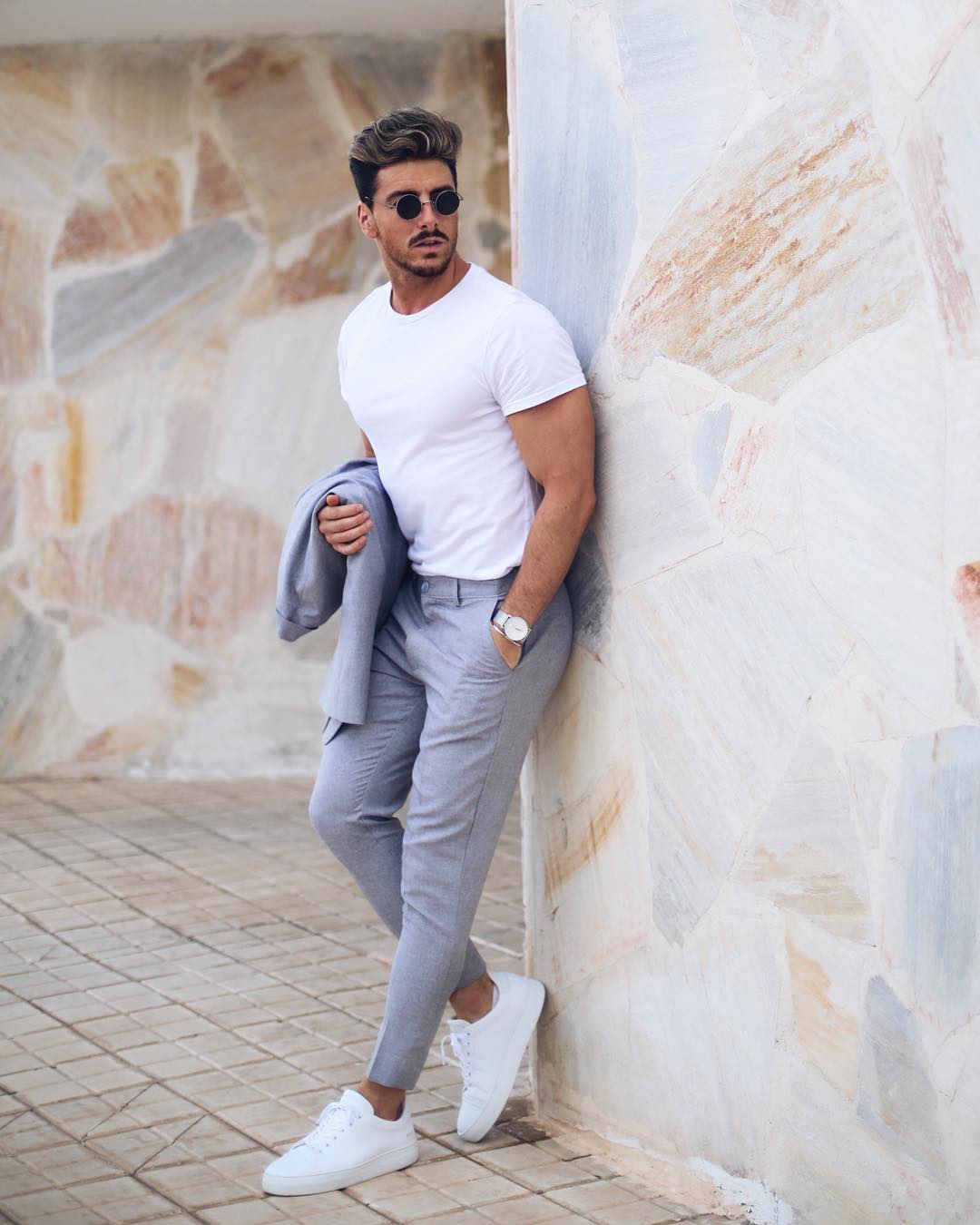 white trainers with suit